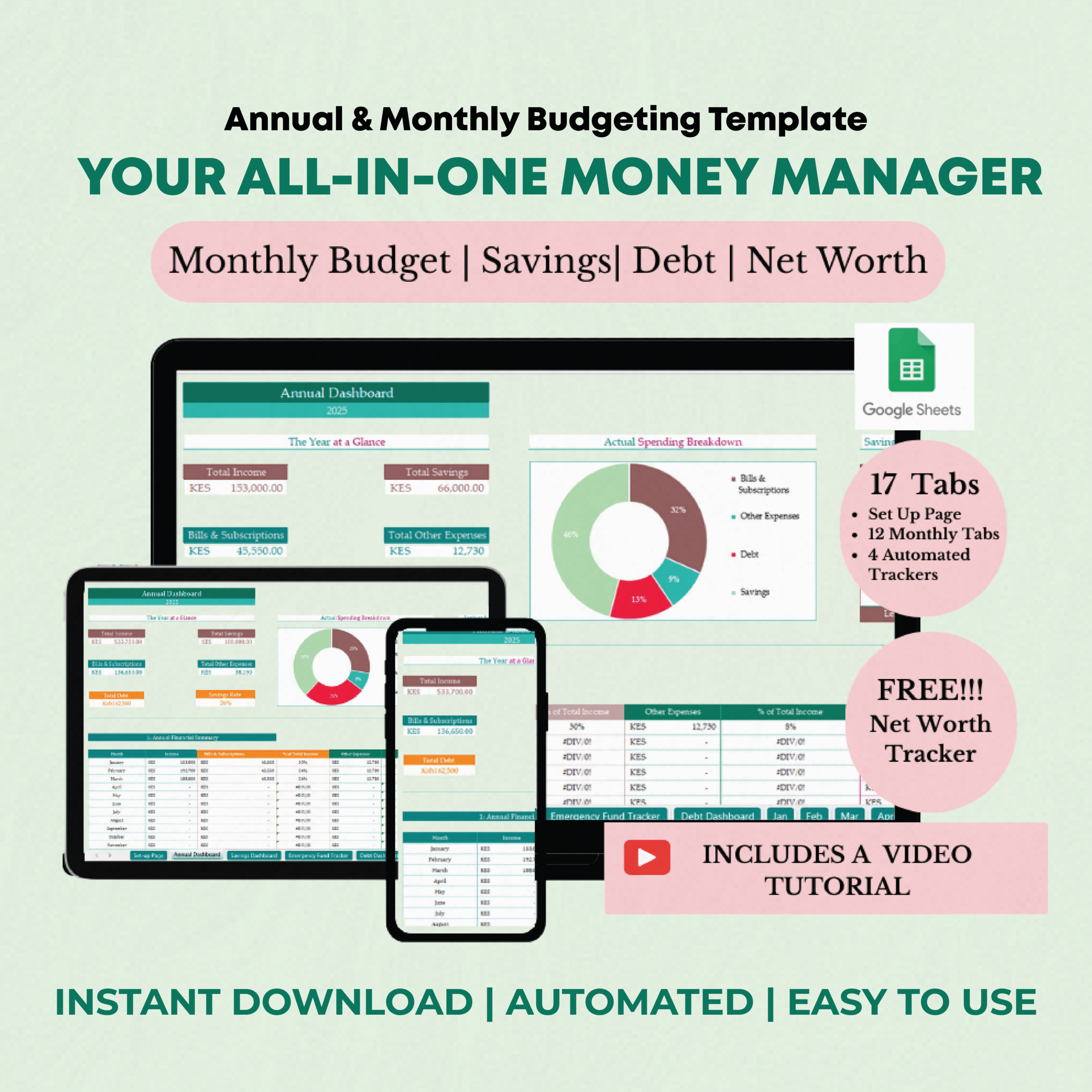 Annual & Monthly Budgeting Template-Green Colour Theme (GOOGLE SHEETS VERSION)