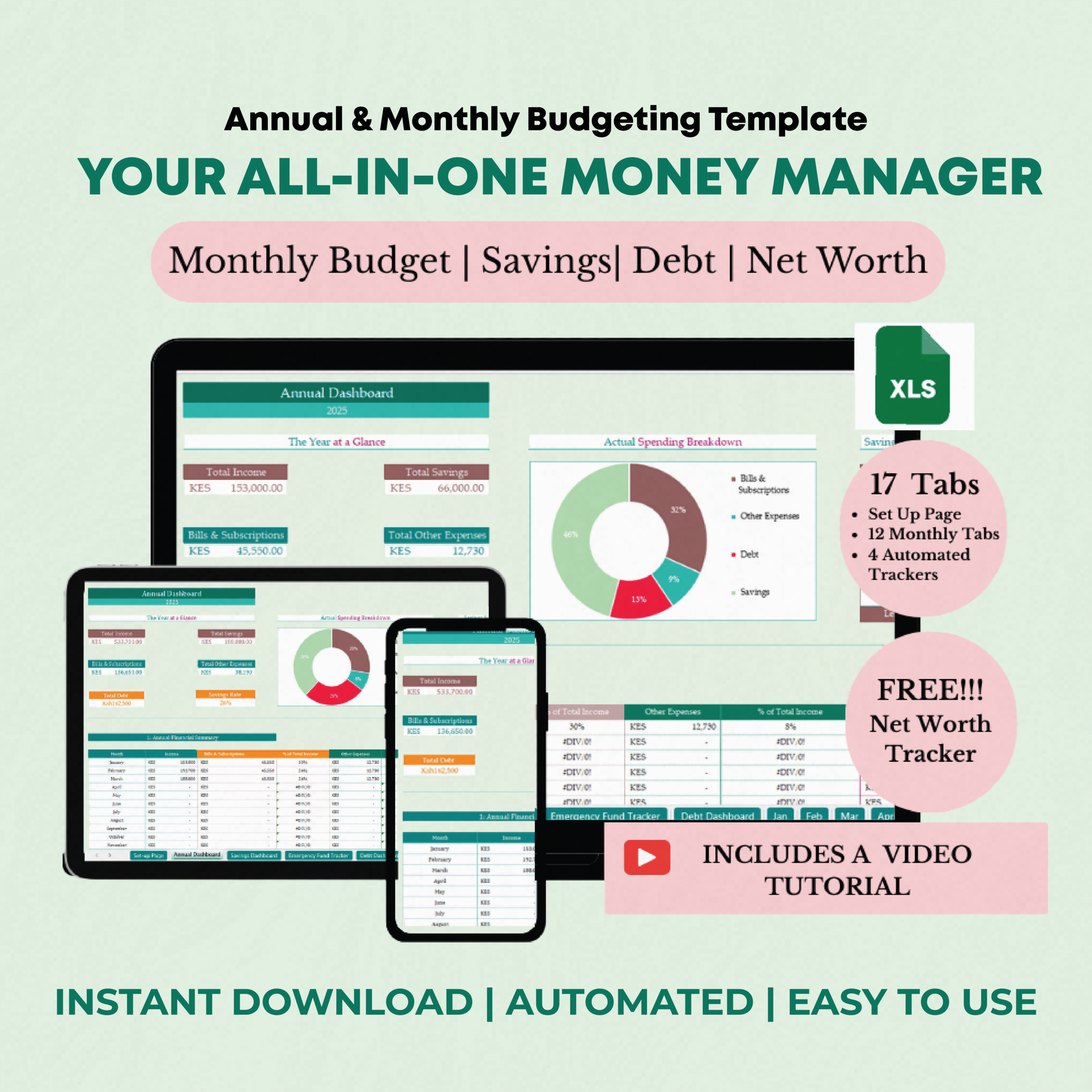 Annual & Monthly Budgeting Template-Green Colour Theme (EXCEL VERSION)