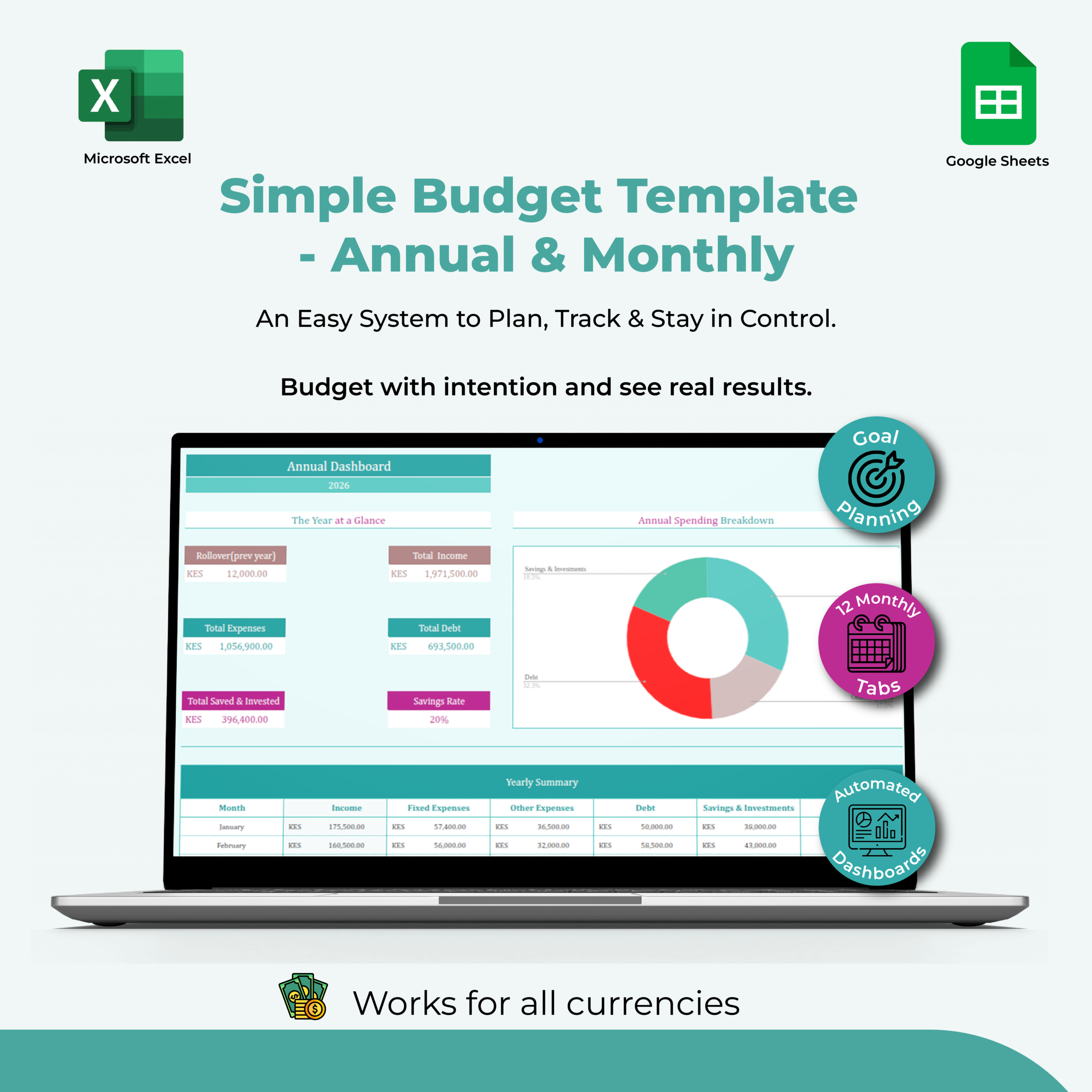 Simple Budget Template, Annual & Monthly - Blue Color